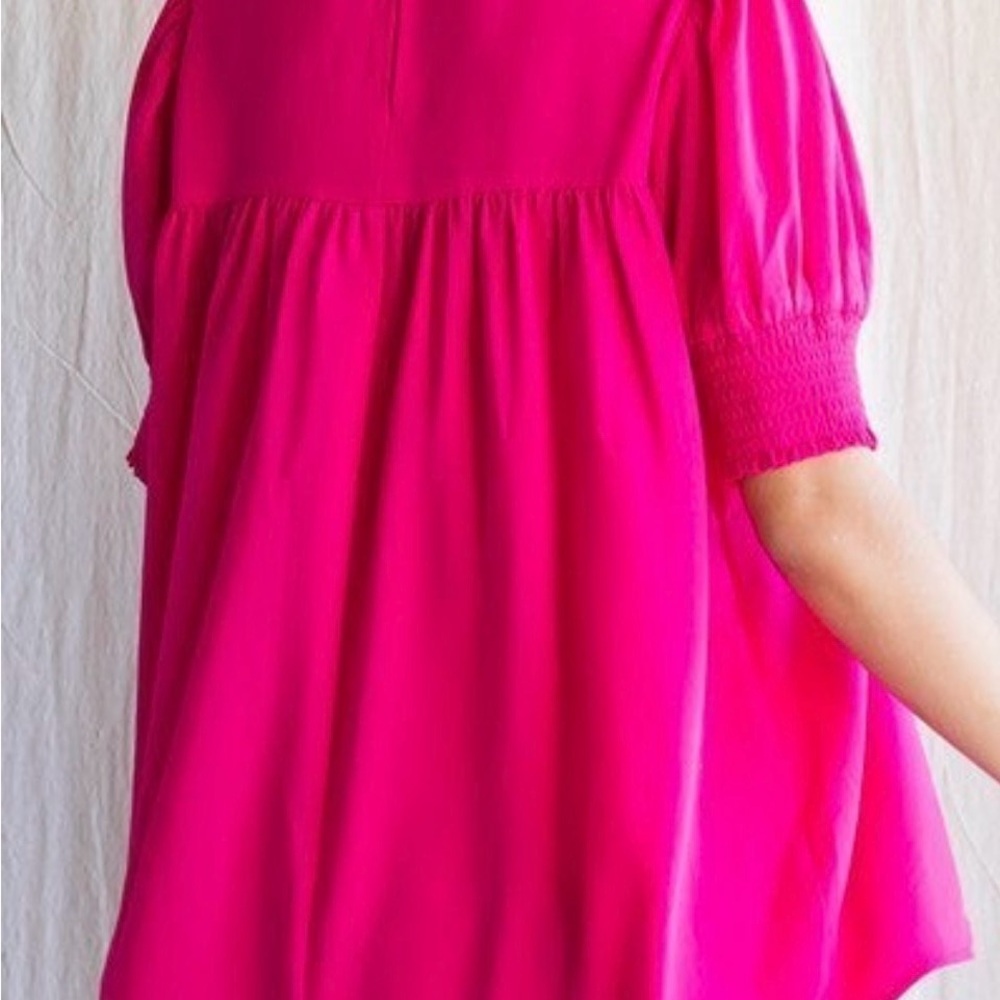 JODIFL Hot Pink Short Sleeve Pintuck Smocked Yoke Blouse - Picture 2 of 2